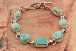 7 Genuine Battle Mountain Turquoise Stones Sterling Silver Bracelet